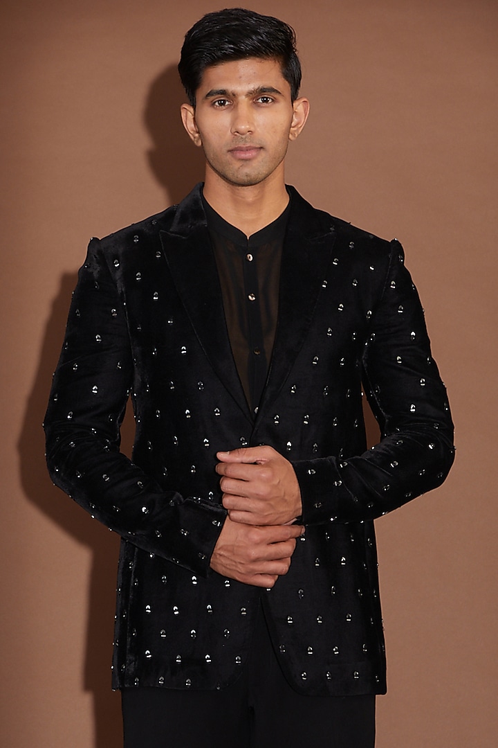 Black Velvet Mirror Embroidered Tuxedo by Sawan Gandhi Men at Pernia's Pop Up Shop