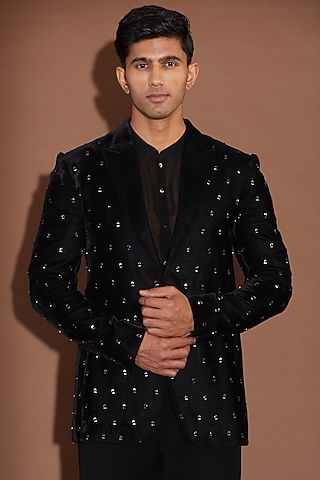 Black Velvet Mirror Embroidered Tuxedo by Sawan Gandhi Men