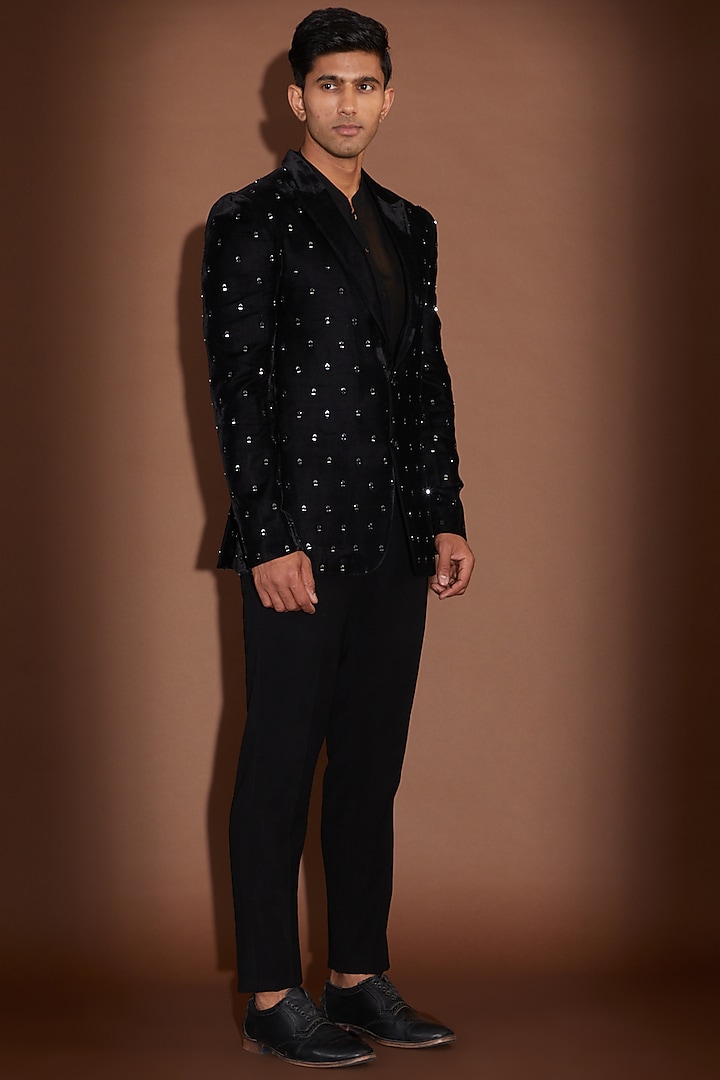 Black Velvet Mirror Embroidered Tuxedo by Sawan Gandhi Men at Pernia's Pop Up Shop