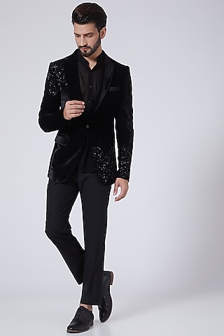 Black Velvet  Cutdana Floral Work Blazer by Sawan Gandhi Men