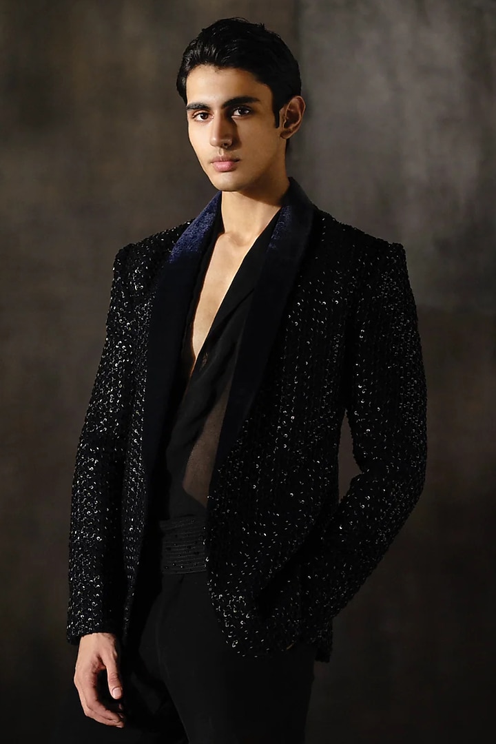 Navy Blue Velvet Tuxedo Jacket by Sawan Gandhi Men at Pernia's Pop Up Shop