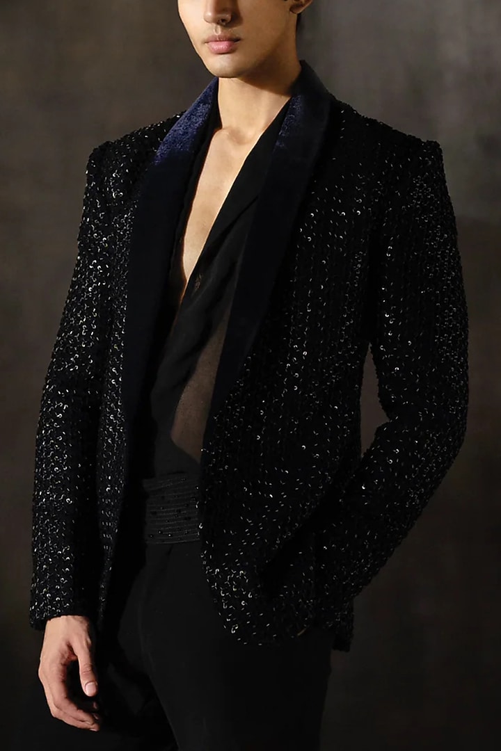 Navy Blue Velvet Tuxedo Jacket by Sawan Gandhi Men at Pernia's Pop Up Shop