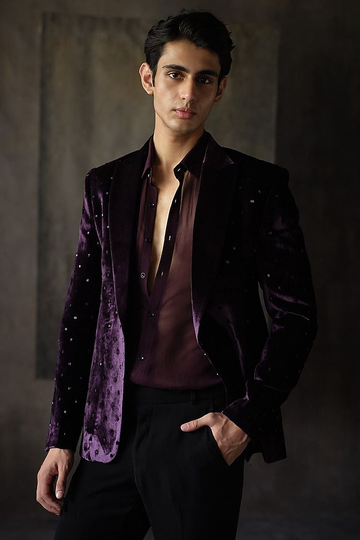 Wine Velvet Tuxedo Jacket by Sawan Gandhi Men at Pernia's Pop Up Shop