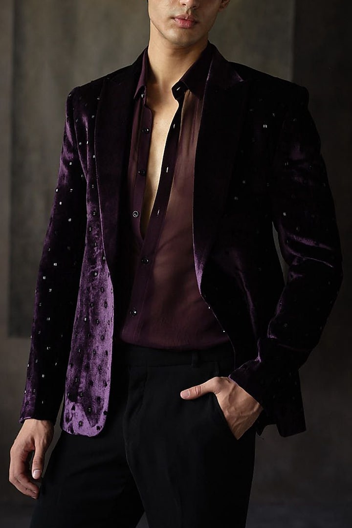 Wine Velvet Tuxedo Jacket by Sawan Gandhi Men at Pernia's Pop Up Shop