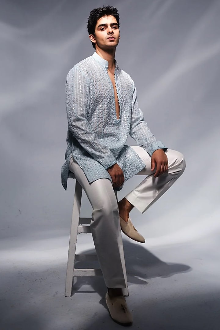 Ice Blue Chanderi Kurta by Sawan Gandhi Men at Pernia's Pop Up Shop