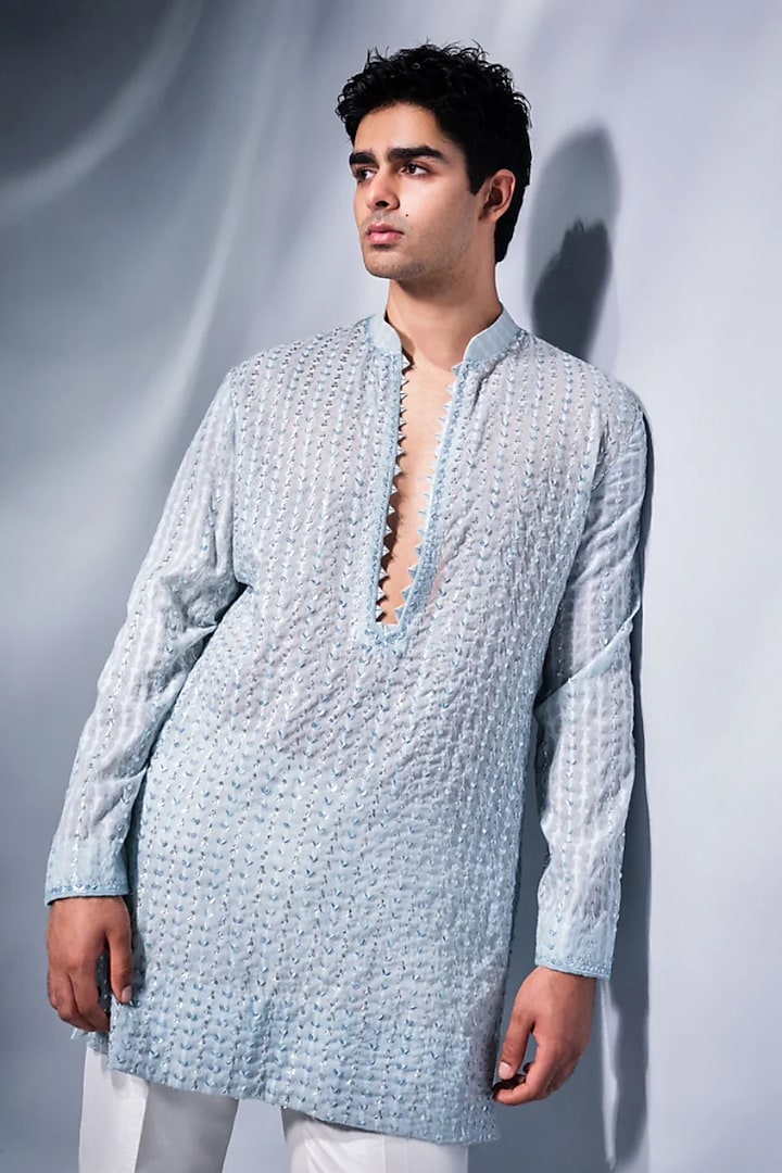 Ice Blue Chanderi Kurta by Sawan Gandhi Men at Pernia's Pop Up Shop
