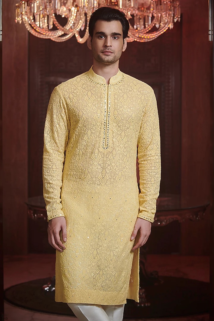Yellow Chanderi Kurta by Sawan Gandhi Men at Pernia's Pop Up Shop