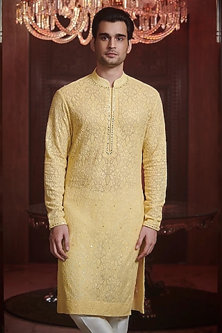 Yellow Chanderi Kurta by Sawan Gandhi Men