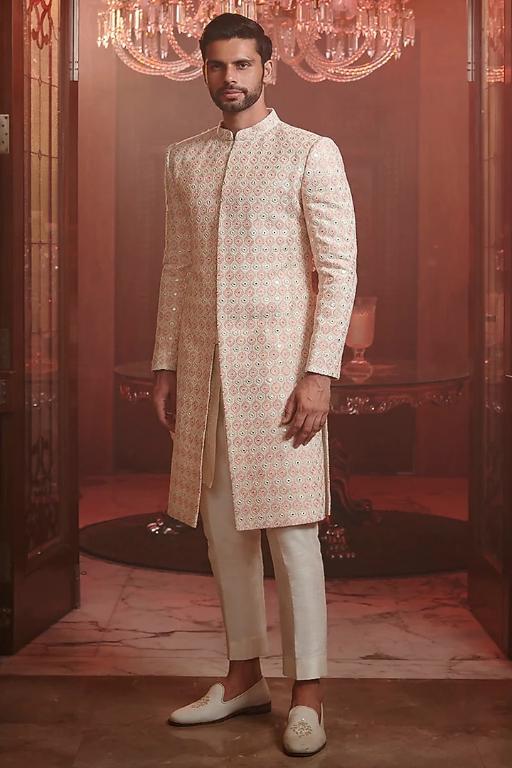 Ivory Silk Groom Sherwani by Sawan Gandhi Men at Pernia's Pop Up Shop