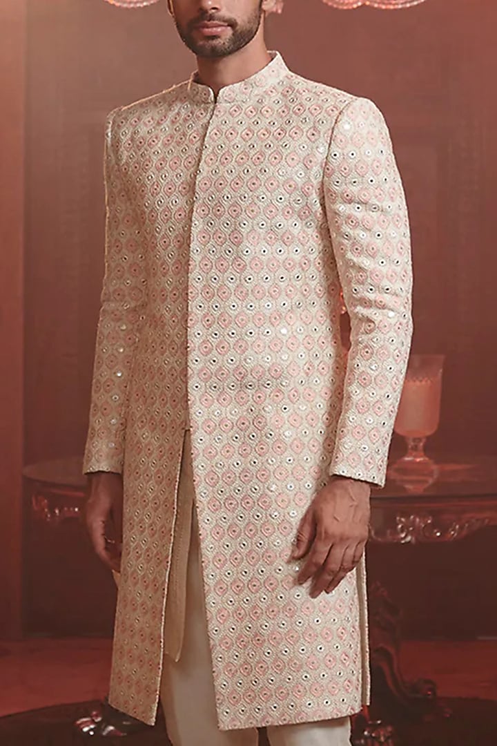 Ivory Silk Groom Sherwani by Sawan Gandhi Men at Pernia's Pop Up Shop