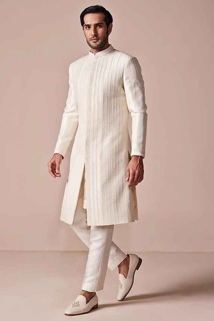 Ivory Silk Groom Sherwani by Sawan Gandhi Men at Pernia's Pop Up Shop