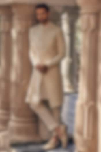 Ivory Silk Groom Sherwani by Sawan Gandhi Men at Pernia's Pop Up Shop