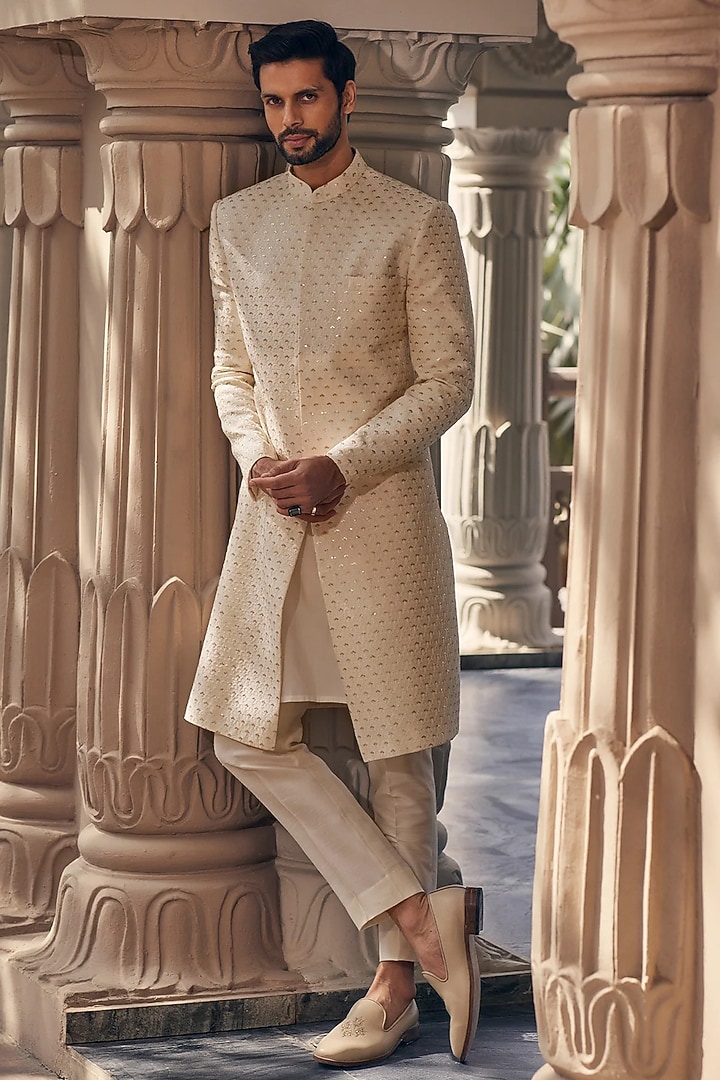 Ivory Silk Groom Sherwani by Sawan Gandhi Men at Pernia's Pop Up Shop