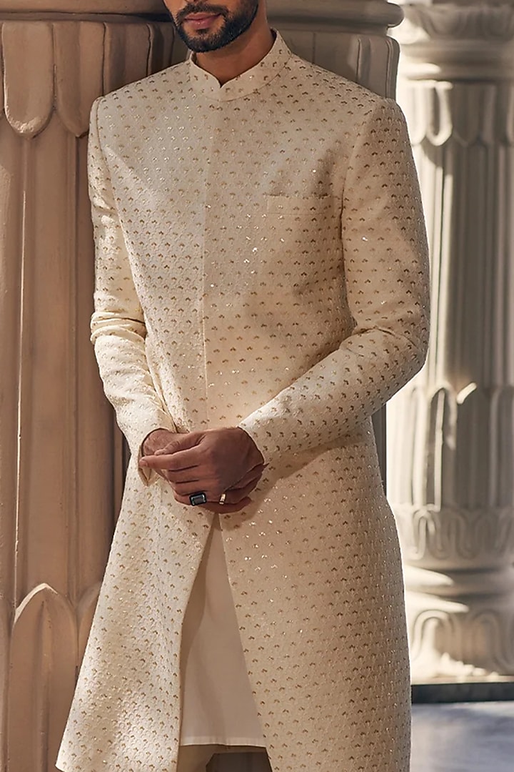Ivory Silk Groom Sherwani by Sawan Gandhi Men at Pernia's Pop Up Shop