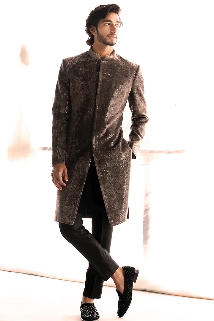 Taupe Velvet Groom Sherwani by Sawan Gandhi Men at Pernia's Pop Up Shop