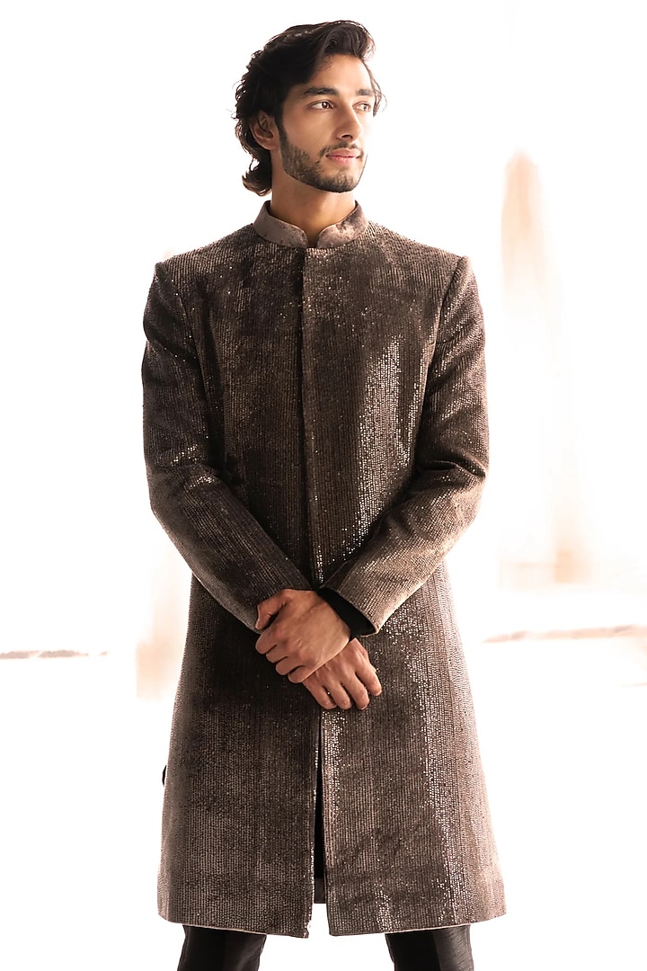 Taupe Velvet Groom Sherwani by Sawan Gandhi Men at Pernia's Pop Up Shop