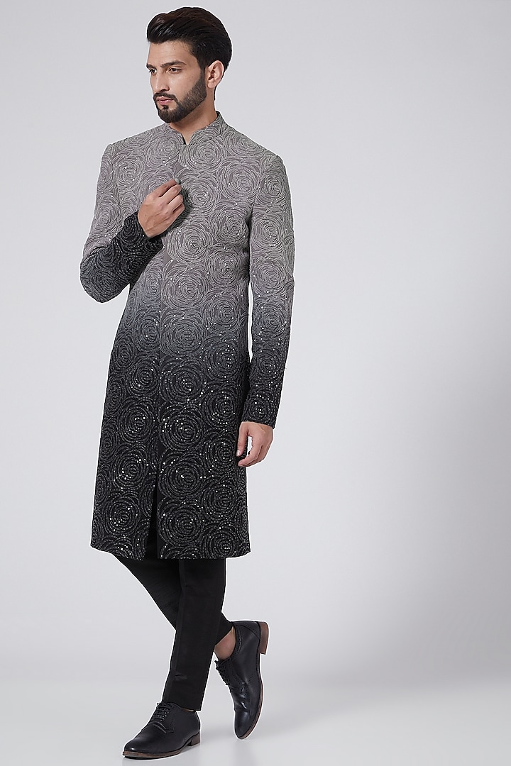 Black Ombre Sequins Sherwani by Sawan Gandhi Men