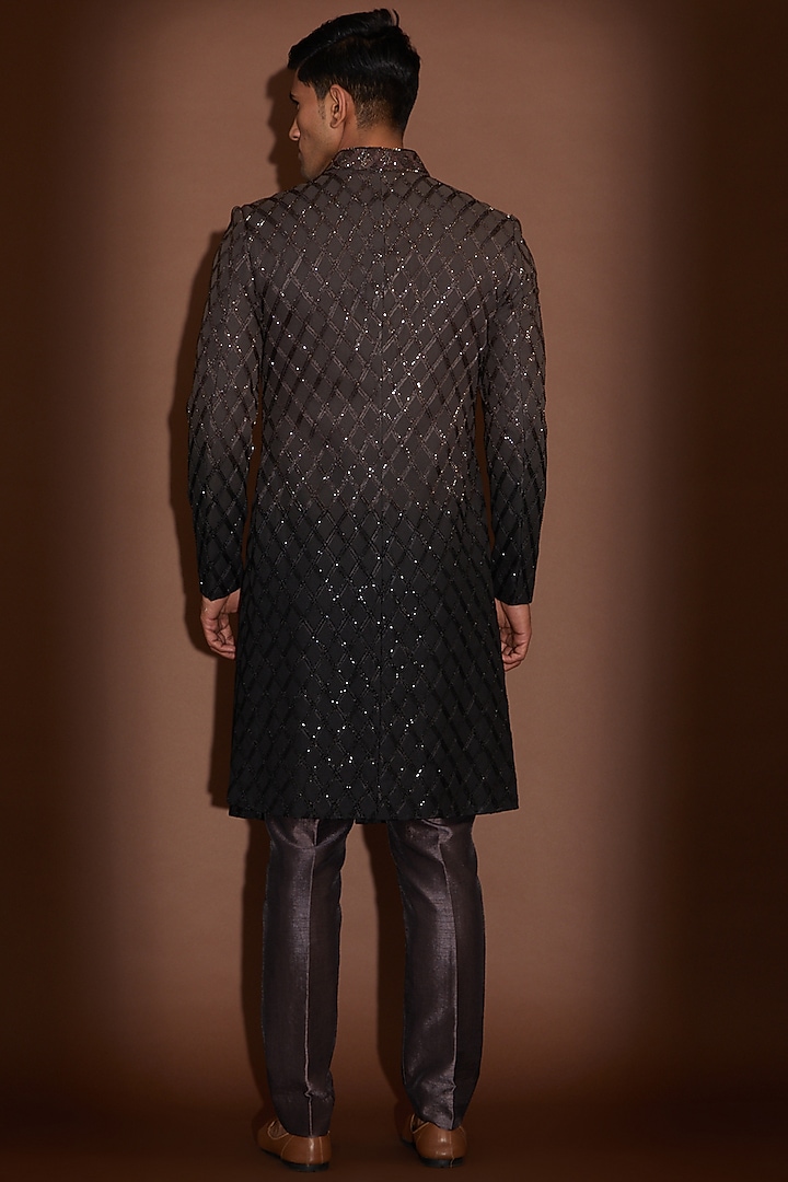 Black & Taupe Ombre Georgette Cutdana Embroidered Groom Sherwani by Sawan Gandhi Men at Pernia's Pop Up Shop