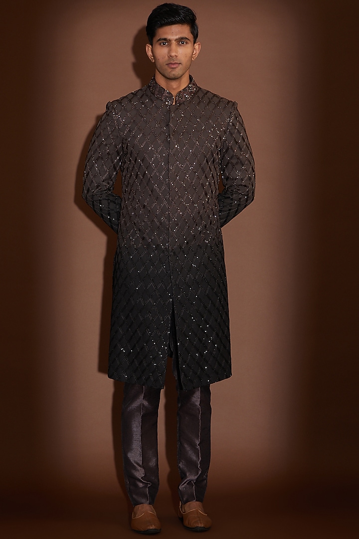 Black & Taupe Ombre Georgette Cutdana Embroidered Groom Sherwani by Sawan Gandhi Men at Pernia's Pop Up Shop