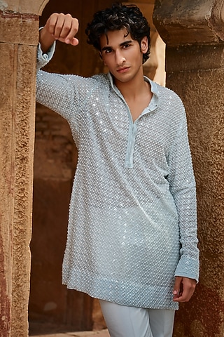 Mint Georgette Sequins Embroidered Kurta by Sawan Gandhi Men