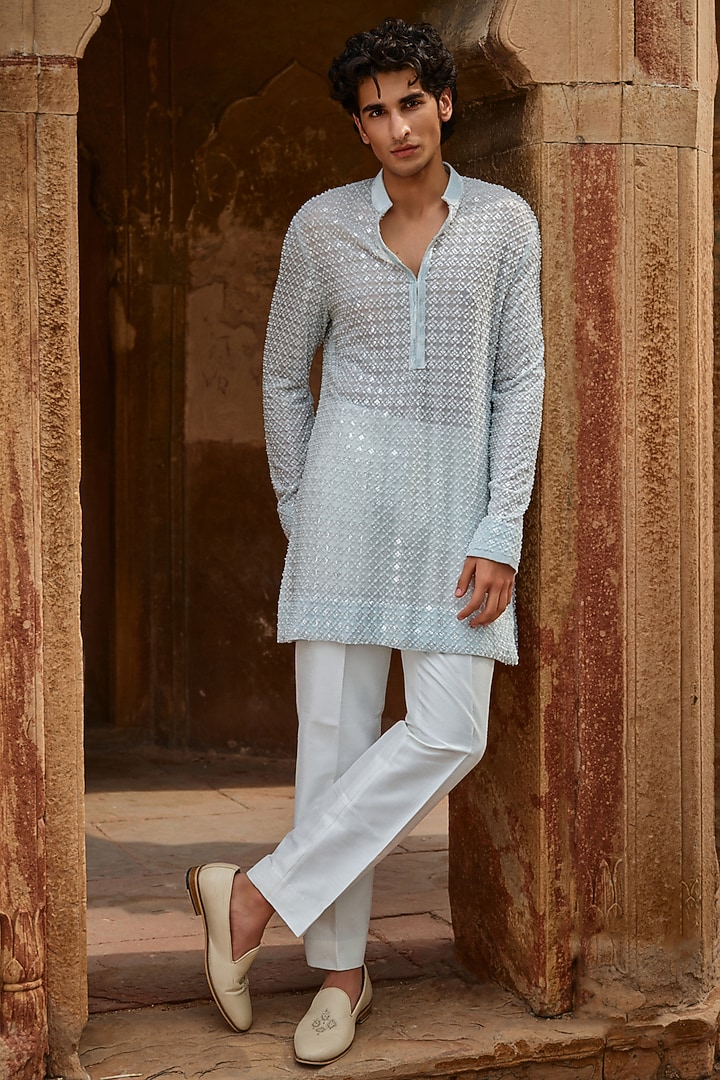 Mint Georgette Sequins Embroidered Kurta by Sawan Gandhi Men at Pernia's Pop Up Shop
