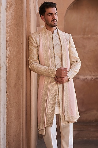 Soft Pink Dupion Silk Stole by Sawan Gandhi Men