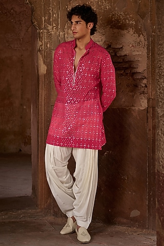 Hot Pink Chanderi Mirror Embroidered Kurta Set by Sawan Gandhi Men