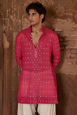 Hot Pink Chanderi Mirror Embroidered Kurta by Sawan Gandhi Men