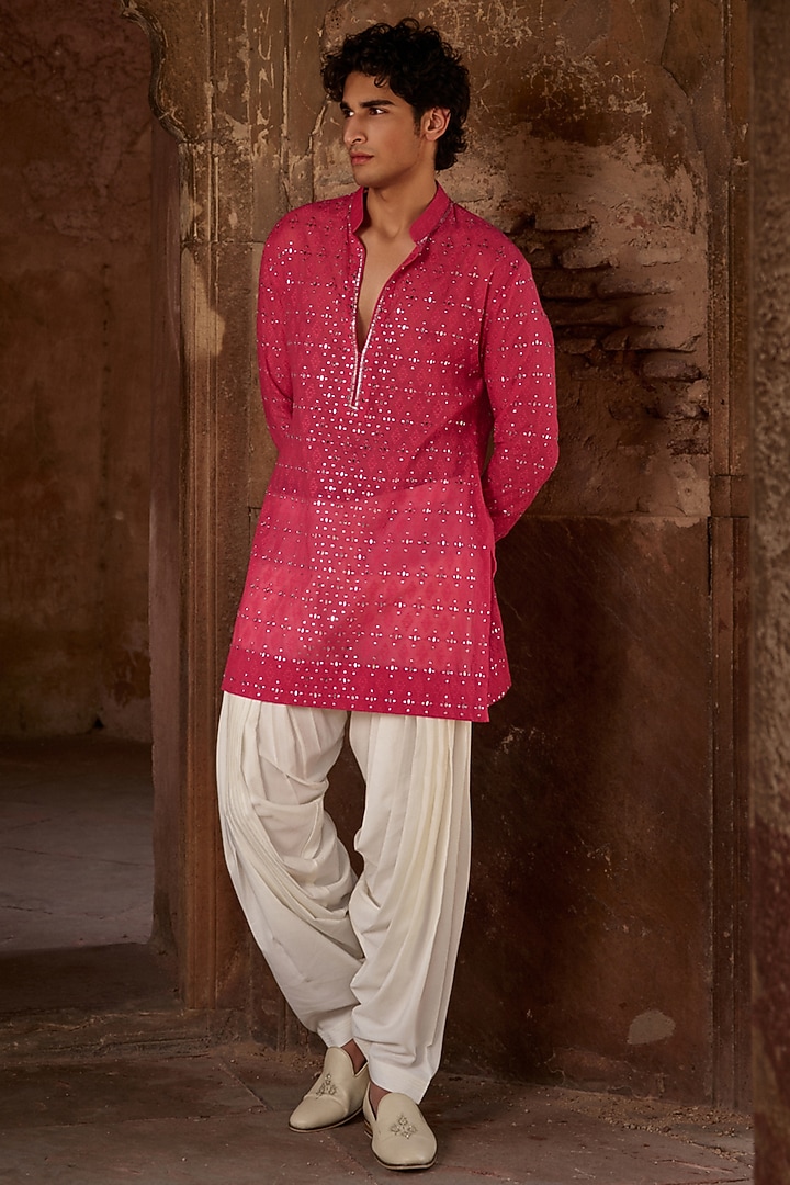 Hot Pink Chanderi Mirror Embroidered Kurta by Sawan Gandhi Men at Pernia's Pop Up Shop