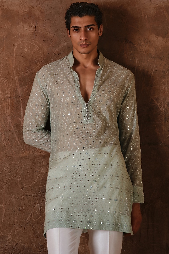 Sage Green Chanderi Mirror Embroidered Kurta Set by Sawan Gandhi Men at Pernia's Pop Up Shop