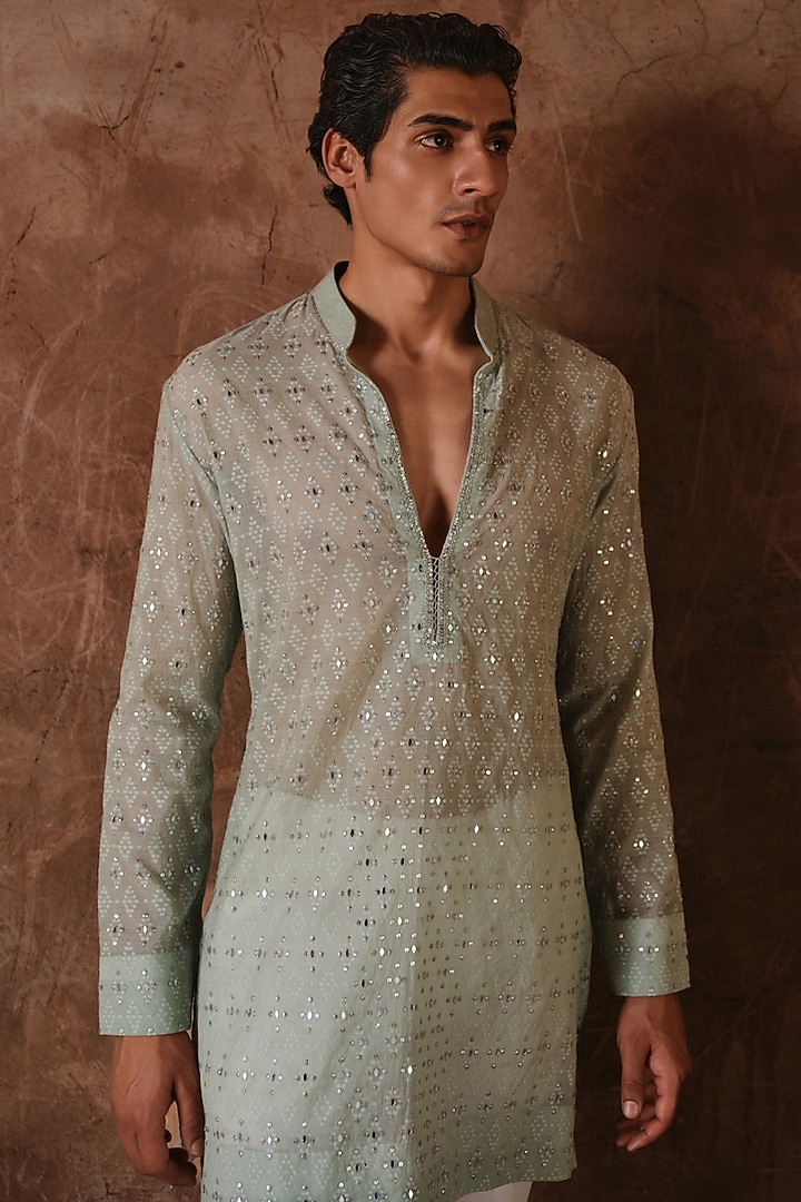 Sage Green Chanderi Mirror Embroidered Kurta Set by Sawan Gandhi Men at Pernia's Pop Up Shop