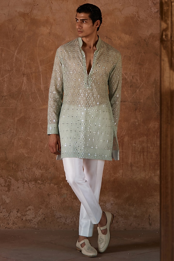 Sage Green Chanderi Mirror Embroidered Kurta by Sawan Gandhi Men at Pernia's Pop Up Shop