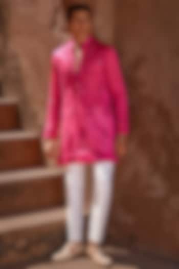 Hot Pink Handloom Organza Applique Embroidered Kurta Set by Sawan Gandhi Men at Pernia's Pop Up Shop