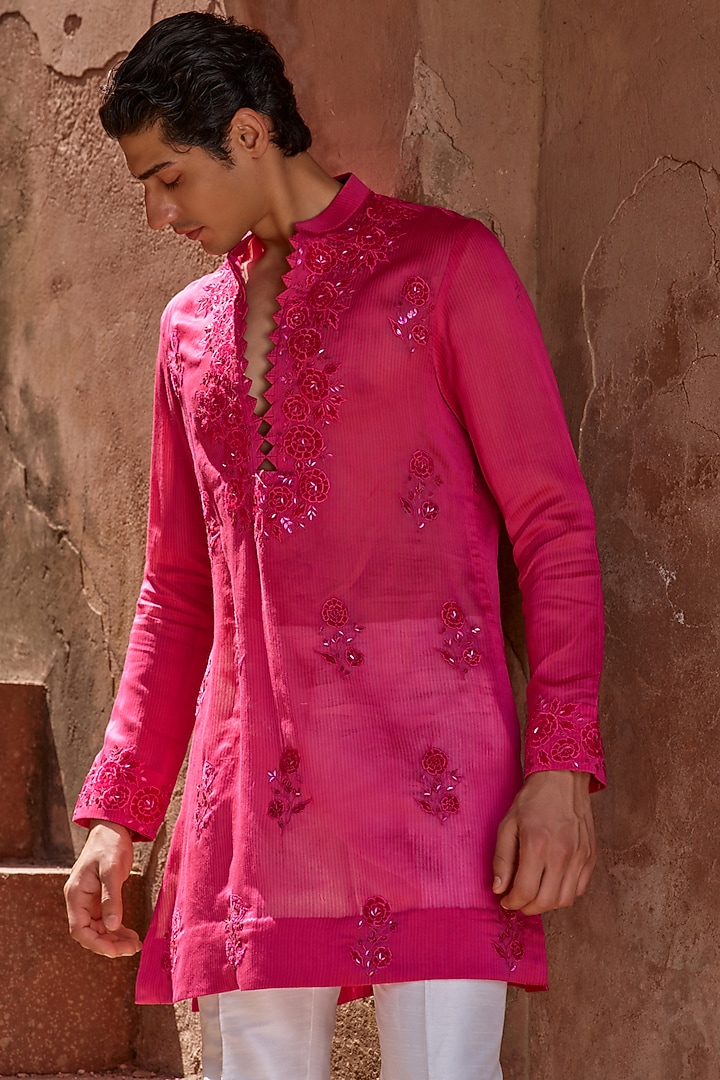 Hot Pink Handloom Organza Applique Embroidered Kurta Set by Sawan Gandhi Men at Pernia's Pop Up Shop
