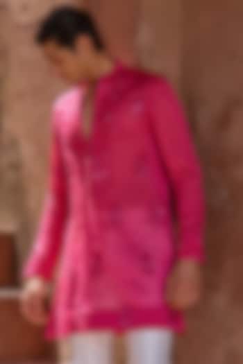 Hot Pink Handloom Organza Applique Embroidered Kurta by Sawan Gandhi Men at Pernia's Pop Up Shop