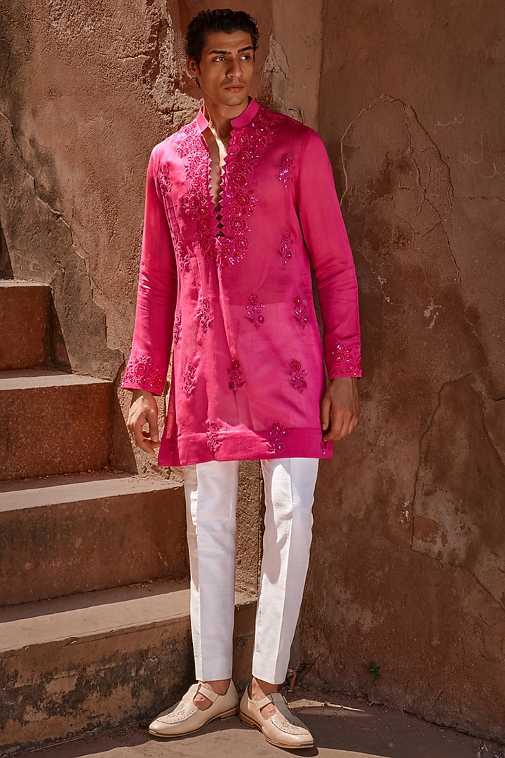 Hot Pink Handloom Organza Applique Embroidered Kurta by Sawan Gandhi Men at Pernia's Pop Up Shop