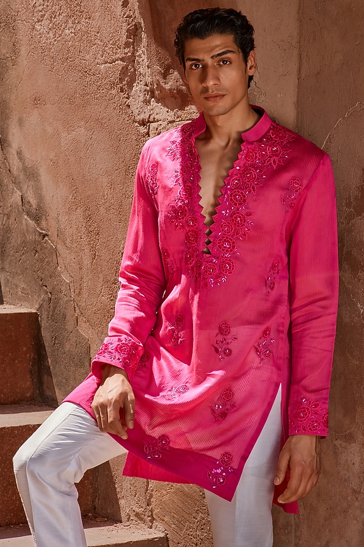 Hot Pink Handloom Organza Applique Embroidered Kurta by Sawan Gandhi Men at Pernia's Pop Up Shop
