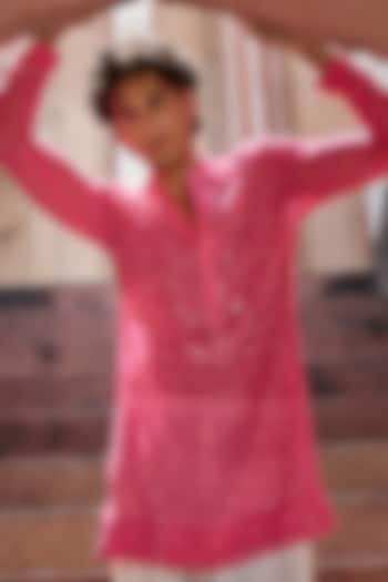 Hot Pink Georgette Chikankari Embroidered Kurta by Sawan Gandhi Men at Pernia's Pop Up Shop