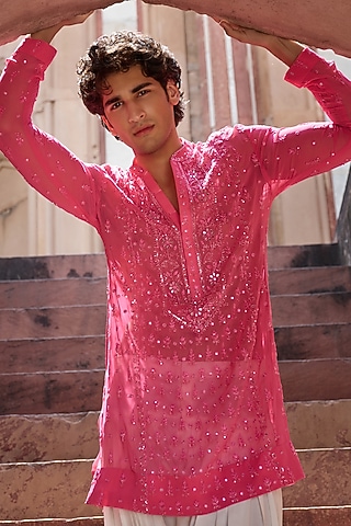 Hot Pink Georgette Chikankari Embroidered Kurta by Sawan Gandhi Men