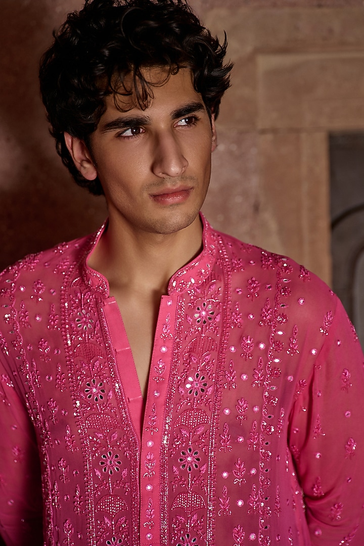 Hot Pink Georgette Chikankari Embroidered Kurta by Sawan Gandhi Men at Pernia's Pop Up Shop