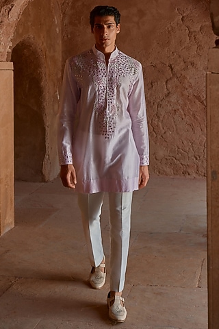 Lilac Chanderi Patra Work Kurta Set by Sawan Gandhi Men