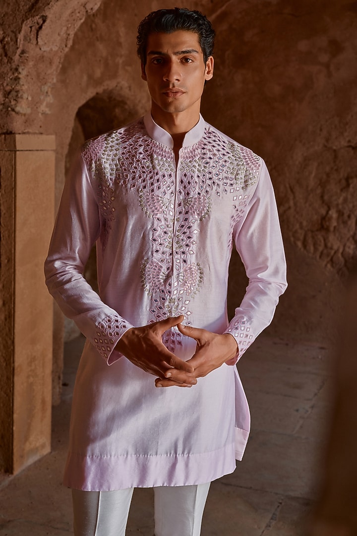 Lilac Chanderi Patra Work Kurta Set by Sawan Gandhi Men at Pernia's Pop Up Shop