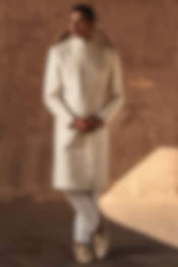 Ivory Chanderi Thread Embroidered Groom Sherwani Set by Sawan Gandhi Men at Pernia's Pop Up Shop