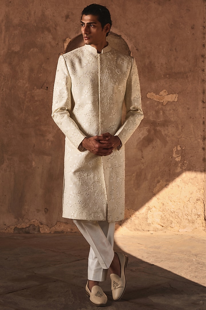 Ivory Chanderi Thread Embroidered Groom Sherwani Set by Sawan Gandhi Men at Pernia's Pop Up Shop