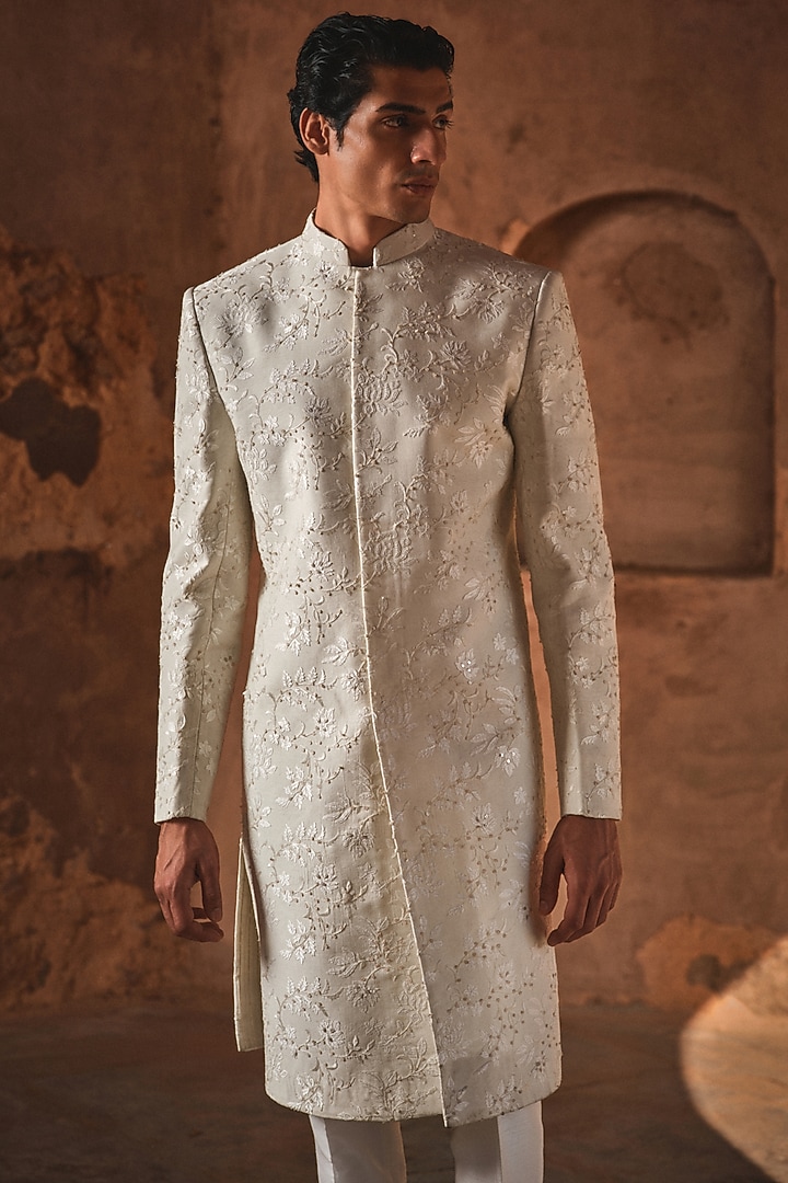 Ivory Chanderi Thread Embroidered Groom Sherwani Set by Sawan Gandhi Men at Pernia's Pop Up Shop