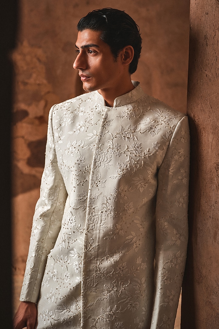 Ivory Chanderi Thread Embroidered Groom Sherwani Set by Sawan Gandhi Men at Pernia's Pop Up Shop
