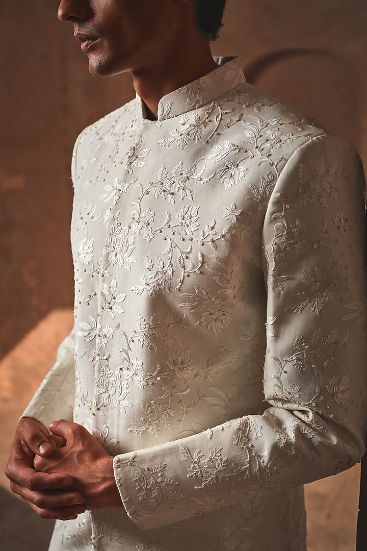 Ivory Chanderi Thread Embroidered Groom Sherwani Set by Sawan Gandhi Men at Pernia's Pop Up Shop
