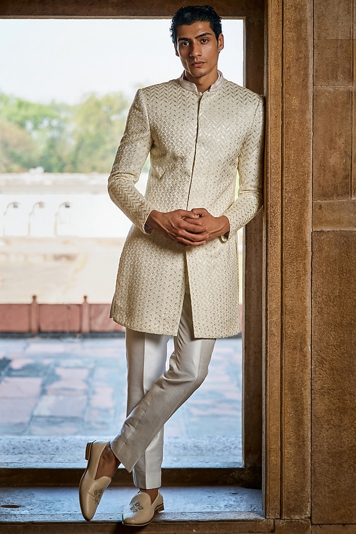 Ivory Georgette Thread Embroidered Groom Sherwani Set by Sawan Gandhi Men at Pernia's Pop Up Shop