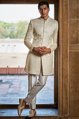 Ivory Georgette Thread Embroidered Sherwani Set by Sawan Gandhi Men