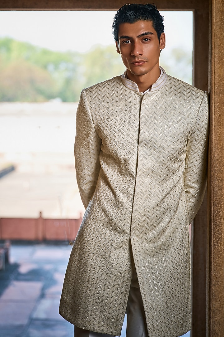 Ivory Georgette Thread Embroidered Groom Sherwani Set by Sawan Gandhi Men at Pernia's Pop Up Shop